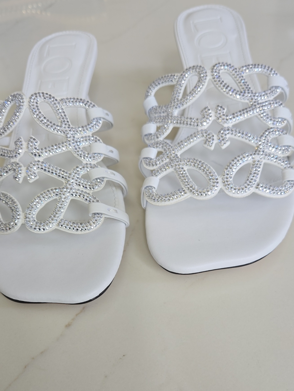 White Crystal Loop Slide Sandals for Women